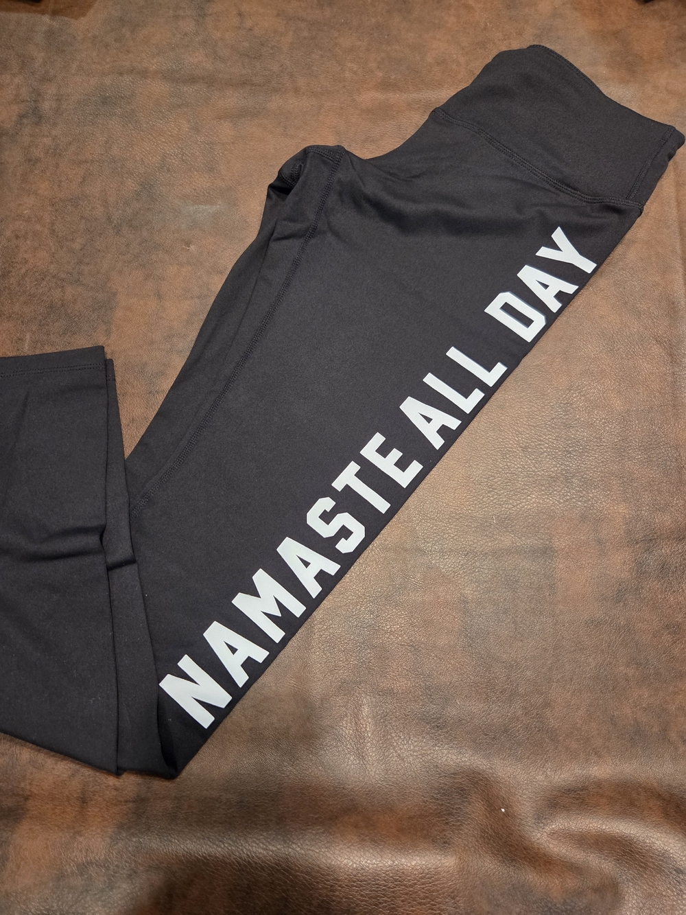 New Spiritual Gangster Black Leggings with White 'NAMASTE ALL DAY' Side Print, M